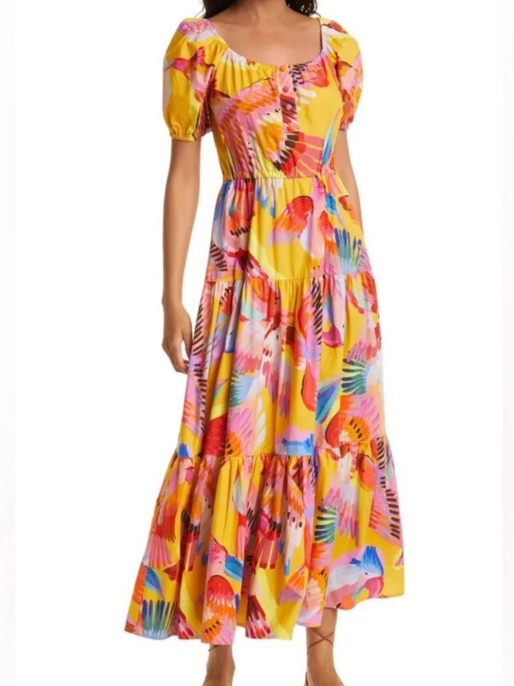 FARM Rio Yellow Neon Macaws Tiered Maxi Skirt